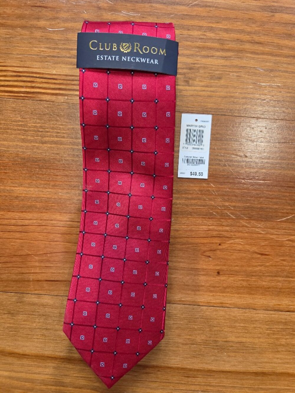 Mens Club Room Estate Neckwear Dress Tie Necktie Red Martin Grid 58” x 3.5” Wide